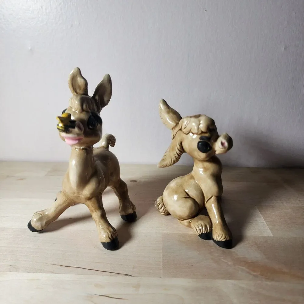 Cute VTG Pair Of Ceramic Donkey Figurines One With Bee (Repaired) KEYSTONE Japan